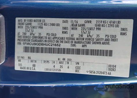 2017 Ford Escape Se из США, поврежденный, VIN 1FMCU9GD8HUC21652